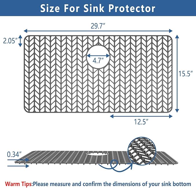 AWOKE Large Silicone Sink Protectors for Kitchen Sink, 30" x 16" Rear Drain Hole, Sink Mat for Bottom of Farmhouse Kitchen Stainless Steel Sinks, Raised Feet/Heat Resistant/Non-slip (Gray)
