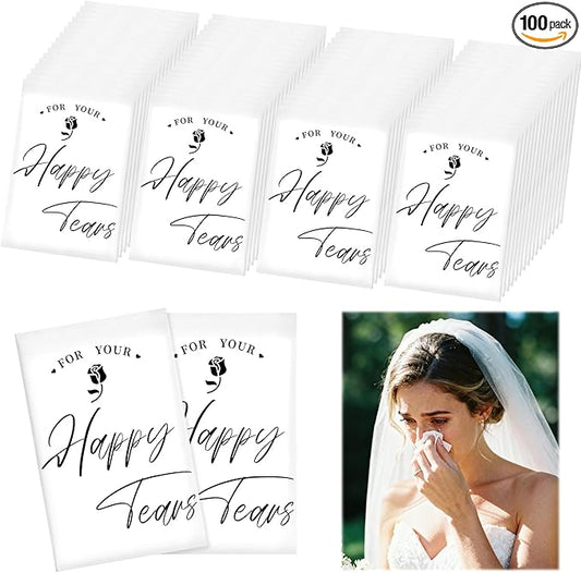 Ocmoiy 100 Pack Happy Tears Tissues for Wedding, 3 Ply Wedding Tissue Packs For Guests, Bulk Individual Facial Pocket Tissues for Wedding Party Favors Travel Graduation Celebration