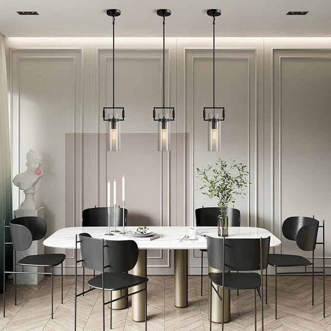 Modern Black Kitchen Island Pendant Lights Set of 2, 12 Inch 1-Light Adjustable Pendant Light with Glass Shade & Brass Finish, Hanging Light Fixture for Kitchen, Dining Room, Bathroom, Living Room