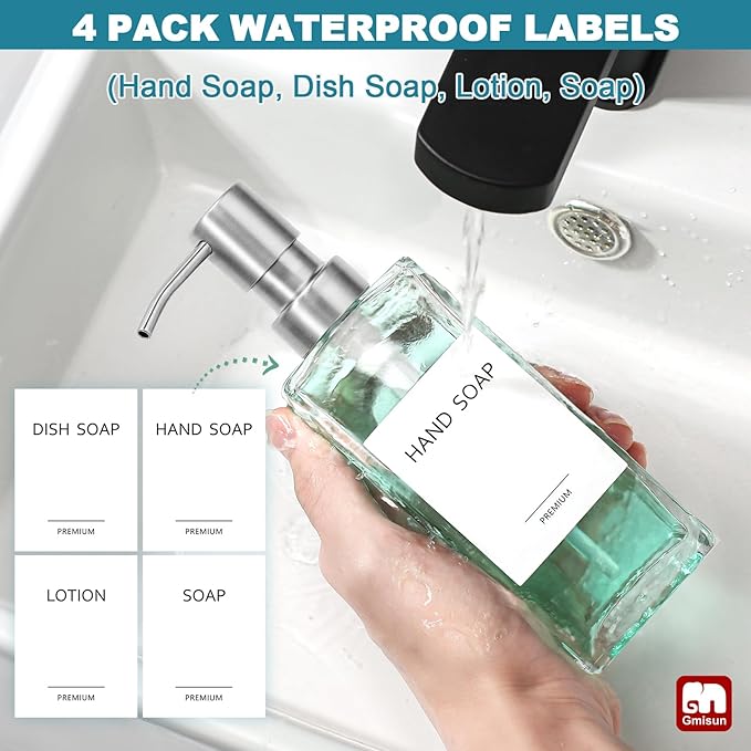 GMISUN Glass Soap Dispenser with Stainless Steel Pump, Clear Hand Soap Dispenser for Bathroom, 12 fl oz/350ml Hand and Dish Soap Dispensers Set for Kitchen, Refillable Liquid Soap and Lotion Bottle