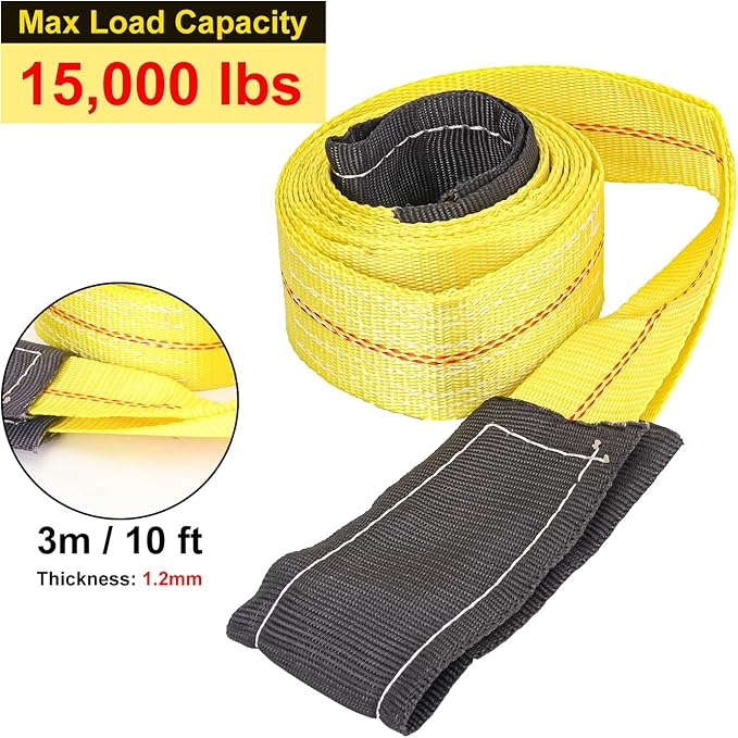 4 Pack Lift Sling Straps - 10ft x 2in Heavy-Duty Polyester Lifting & Towing Straps, 15000 lbs Capacity, Yellow