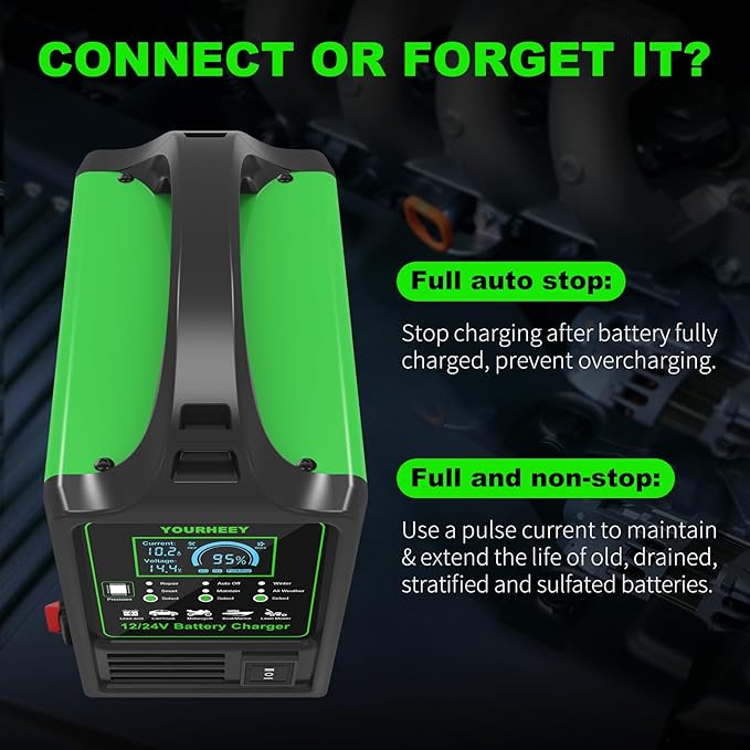 12V/24V Heavy Duty Car Battery Charger, 0-15A Smart Trickle Charger Automatic Battery Maintainer Desulfator with Auto Shutoffs, Repair & Winter Mode, Fast/Slow Rates for Boat, Motorcycle, Lawn Mower