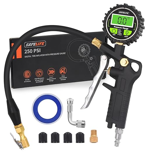 SAFELIFE Digital Tire Pressure Gauge with Inflator, 250 PSI Air Chuck with Pressure Gauge and Air Compressor Tire Inflator Attachment Include Quick Connect Coupler, 0.1 Display Resolution