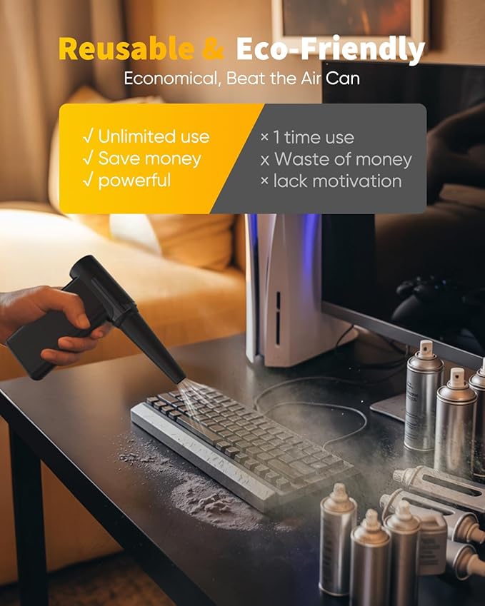 NEVERLAND Reusable Air Blower - 240000RPM High-Speed Cordless Compressed Air Duster, 8-Speed Adjustable, Rechargeable Battery-Powered Dust Blower for Computer, Keyboard, Electronics, Car, Pet Hair