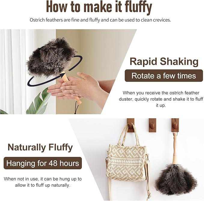 Ostrich Feather Duster 12 Inch Handheld Duster Supplies, Wooden Handle Feather Duster for Cleaning Keyboard Home Car Office (Natural)