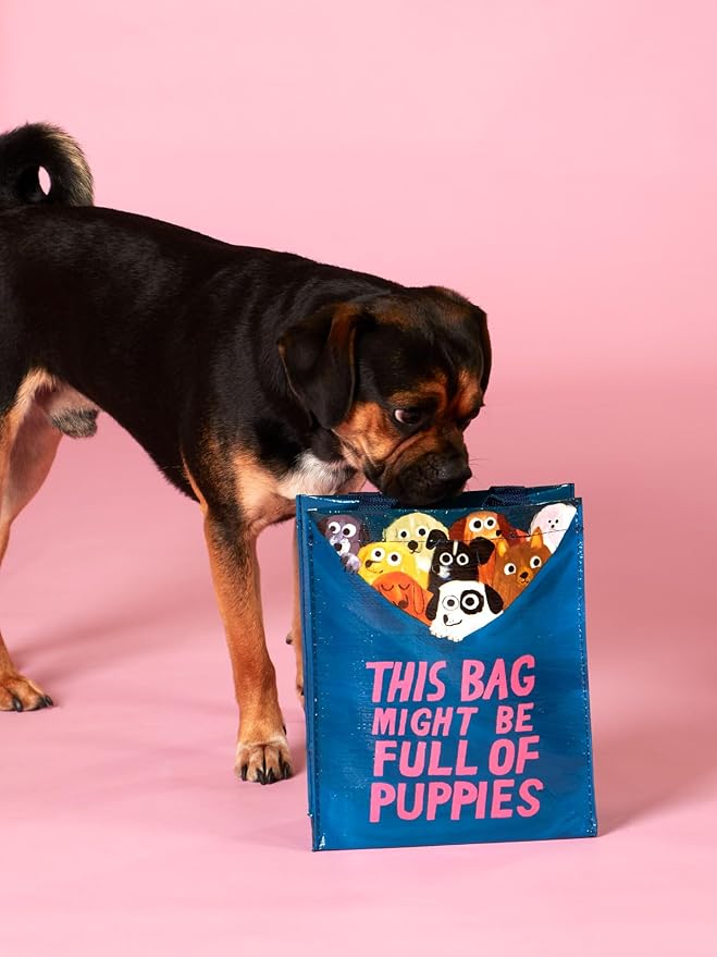 Blue Q Handy Tote, This Bag Might be Full Of Puppies. Reusable lunch sack, little gift bag, easy-to-wipe-clean, 95% recycled material, 10" h x 8.5" w x 4.5" d