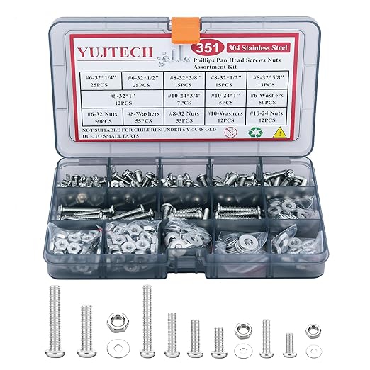 351Pcs Machine Screws Assortment Kit,#6-32#8-32#10-24 Stainless Steel Screws Set with Nuts Bolts and Flat Washers, for Electronics Furniture Automotive Repair & DIY Projects