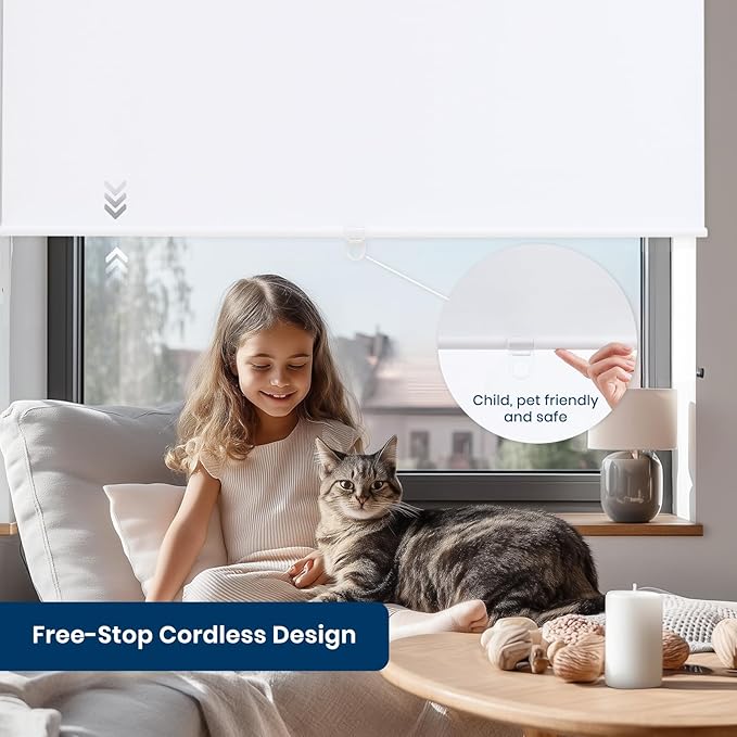 100% Blackout Roller Shades Cordless Blinds for Indoor Windows,Free-Stop Window Shades Pull Down,Thermal Insulated Fabric UV Protection,Blackout Window Guard Blinds for Home,Office,White,34" W x 72" H