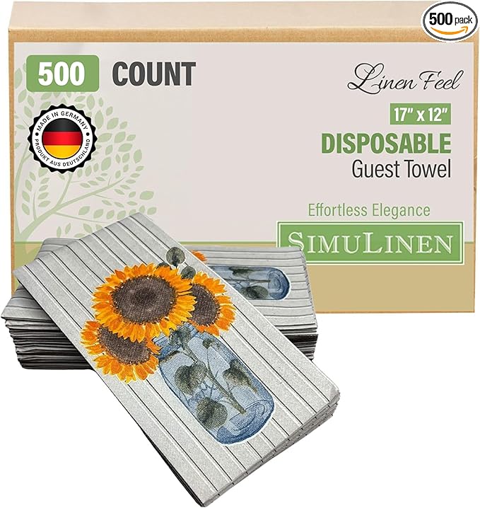 SimuLinen Decorative Sunflower Disposable Bathroom Guest Towels - Cloth-Like, Single-Use, Linen Feel Paper Towels, 12x17", 500ct (Made in Germany)