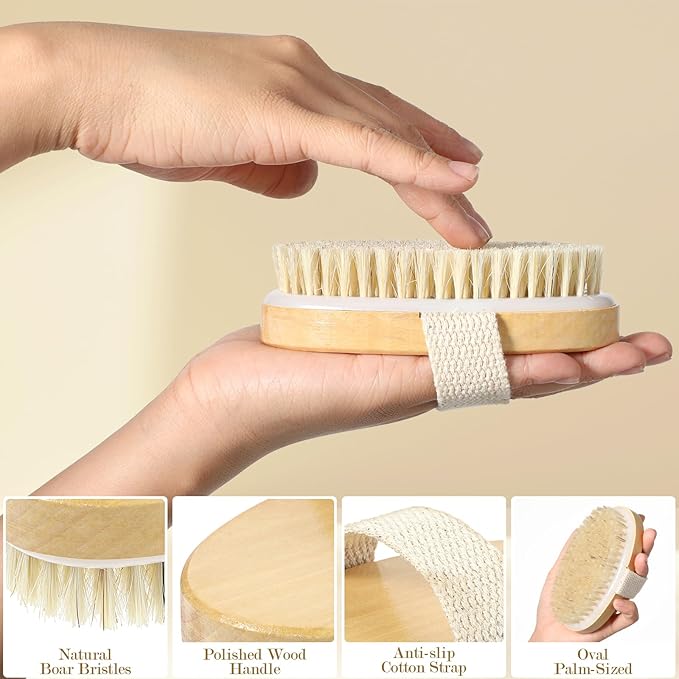 4pcs Dry Brushing Body Brush, Natural Bristle Dry Skin Exfoliating Brush Body Scrub for Flawless Skin, Cellulite Treatment, Lymphatic Drainage and Blood Circulation Improvement (Pack of 2)