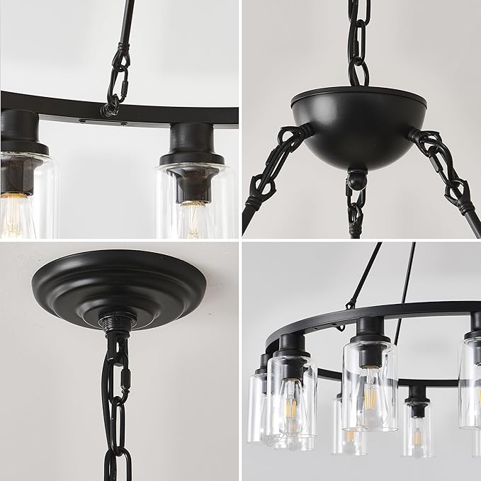 24“ Black Wagon Wheel Chandelier, 6-Light Farmhouse Glass Pendant Lights Kitchen Island Round Hanging Lighting fixtures Ceiling for Living Room, Dining Room, Kitchen Island, Entryway, Foyer