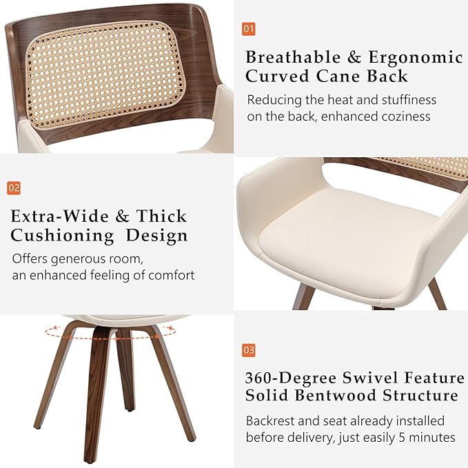 Set of 1 Swivel Dining Chair - Swivel Walnut Dining Chair with Ergonomic Cane Back, Bentwood Frame, Curved Arms, MCM Dining Chairs for Kitchen/Conference/Restaurant/Living Room (Walnut Beige)