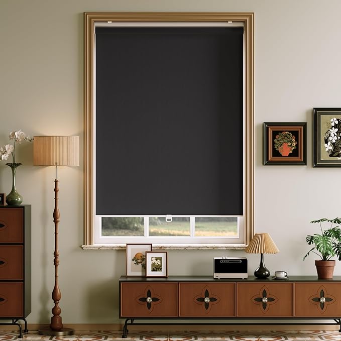 Cordless Roller Shades Blackout Blinds for Windows Room Darkening Rolled Up Shades with Spring System, UV Protection Window Shades Door Blinds for Home and Office (Black, 23" W x 72" H)