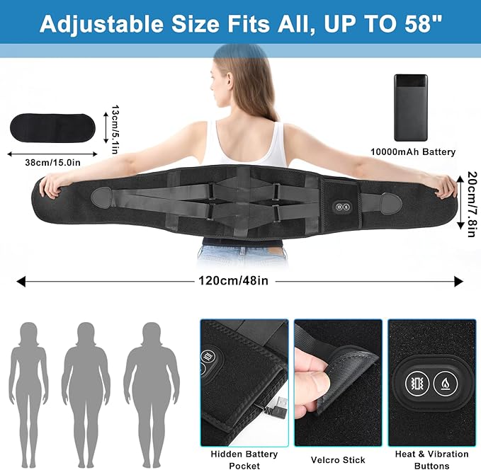 Heating Pad for Back - Lower Back Massager with 3 Heat 3 Vibration, 10000mAh Portable Heating Pad for Back Pain Relief, Gifts for Women Men Seniors Mom Dad, 30 mins Auto-Off, Black