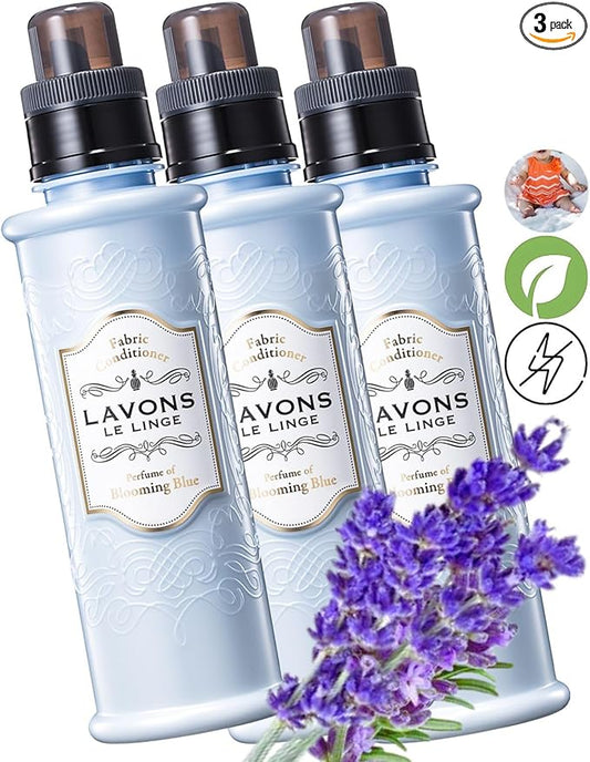 LAVONS Natural Fabric Conditioner for Sensitive Skin, Plant-Based Laundry Softener for Baby & Pet, Reduces Fabric Wrinkles, Long-Lasting Scent & Odor Control from Japan, BLUE BLOOMING, 20.3 Fl Oz. 3EA