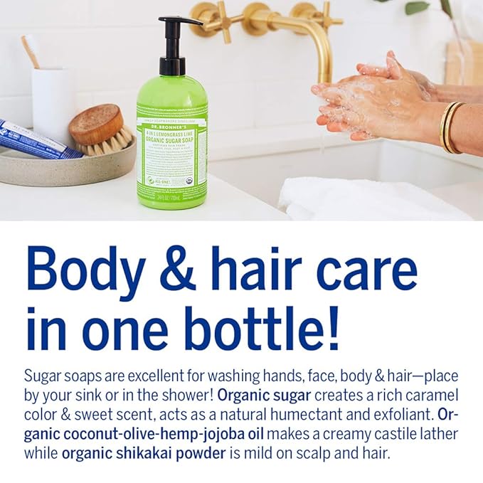 Dr. Bronner's - Organic Sugar Soap (Lemongrass, 24 Ounce) - Made with Organic Oils, Sugar and Shikakai Powder, 4-in-1 Uses: Hands, Body, Face and Hair, Cleanses, Moisturizes and Nourishes, Vegan