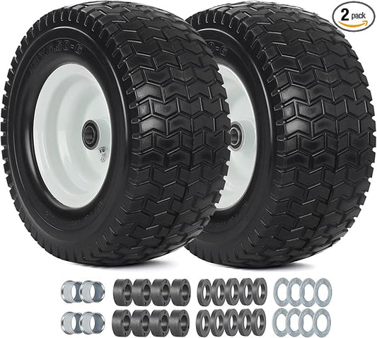 13x6.50-6 Tire and Wheel, 13x6.5-6" Flat-free Lawn Mower Tires, 3”-6.5“ Centered Hub, 3/4" or 5/8" Bearing, Universal Fit Garden Tractor Front Wheels, 4 Ply, V-Turf Pattern, 2 Pack