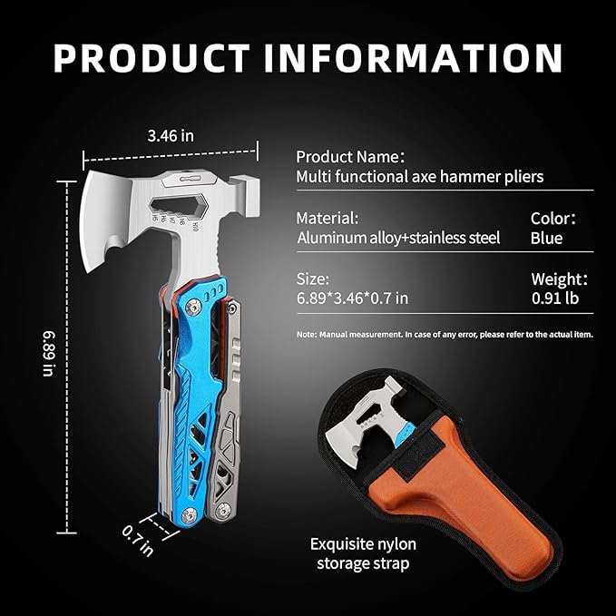 20-in-1 Camping Multitool, Survival MultiTool with Pilers,Axe, Adjustable Wrench, Hammer, Screwdriver, Pouch, Outdoor Hiking Multi Tool Carbon Steel Compact Hatchet Gifts for Men Dad Him