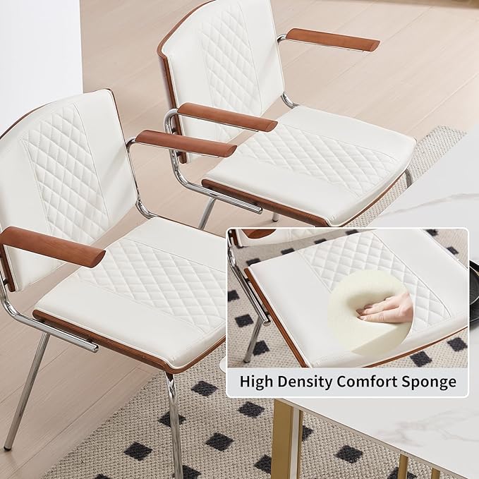 Dining Chairs Set of 2, Mid-Century Modern PU Leather Upholstered Chairs with Walnut Bentwood Backrest and Silver Metal Legs for Kitchen Dining Room Home Office,