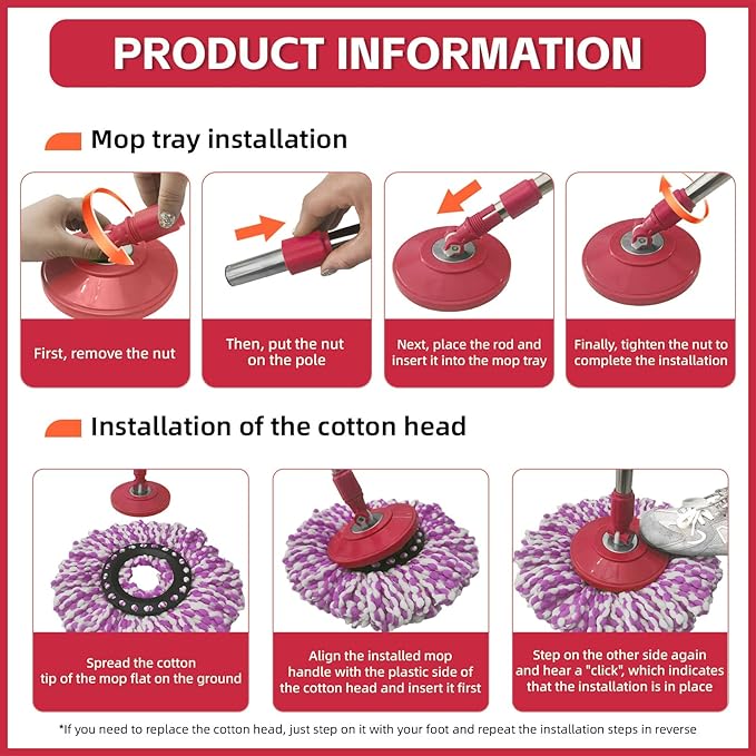 Spin Mop Replacement Handle, 47.6-inch 360 Degrees Rotating Telescopic Replacement Mop Stick with a Robust Stainless Steel Disc for Spin Mop Bucket Cleaning System (Stainless Steel Disc,Red)