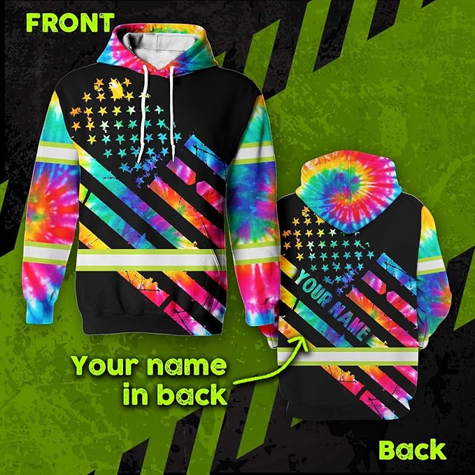 Color US Flag High Visibility Hoodie for Men Women Reflective Tapes Safety Workwear for Worker Runner Patriotic