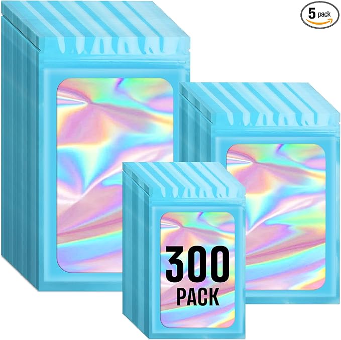 Funfery 300 Pack 3 Size Mylar Holographic Bags with Clear Window,Resealable Bag Smell Proof Foil Baggies Packaging Pouch for Food Storage,Sample,Small Business(Blue,3x4.7,4x6,4.7x7.9in)