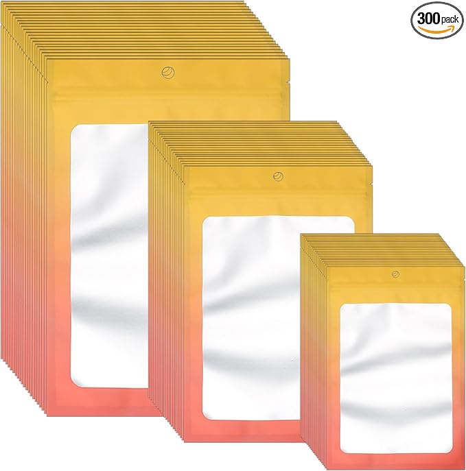 300 Pcs Gradient Mylar Bags, 3 Size Smell Proof Bags with Clear Window Foil Pouch Bags Resealable Bags for Small Business and Food Storage, Yellow Orange