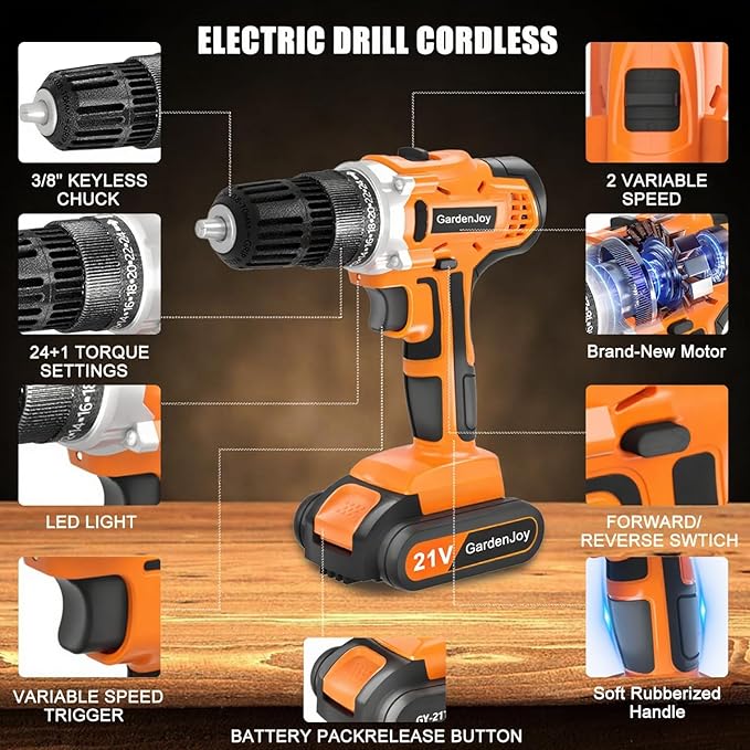 GardenJoy 20v Cordless Drill Set, Power Electric Kit 2 Batteries With Charger 30Nm 2-Speed 3/8" Keyless Chuck 24+1 Position Drill Driver screwdriver Bits with LED Electric Work Light for DIY