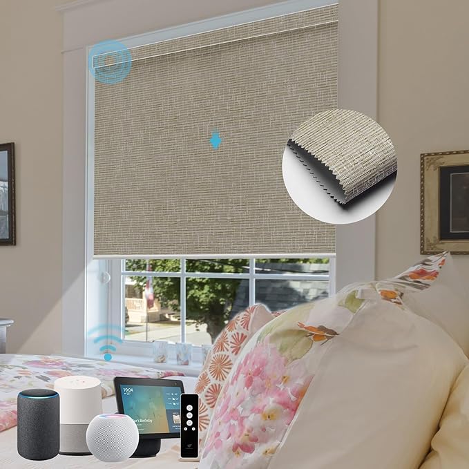 SmartWings Motorized Roller Shades Work with Homekit, 100% Blackout Smart Blinds for Windows, Cordless Remote Control Window Shades, Safar Biscuit, Customized Size