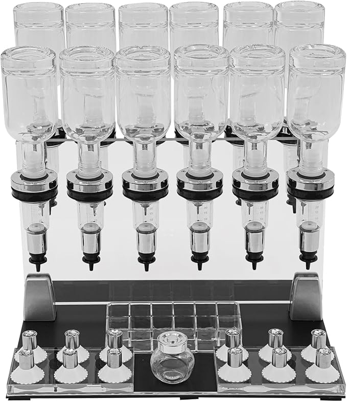 Manual Perfume Dispenser 12 Bottle Station w/200ml Dispenser Pumps, 12 Pump Heads and 12 Testing Cups