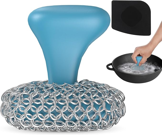 Cast Iron Scrubber | Dish Scrub Brush | 316 Cast Iron Cleaner Chainmail Scrubber for Pan Skillet Cleaner - Dish Scouring Pad Dishwasher Safe Cleaning Kit, Blue