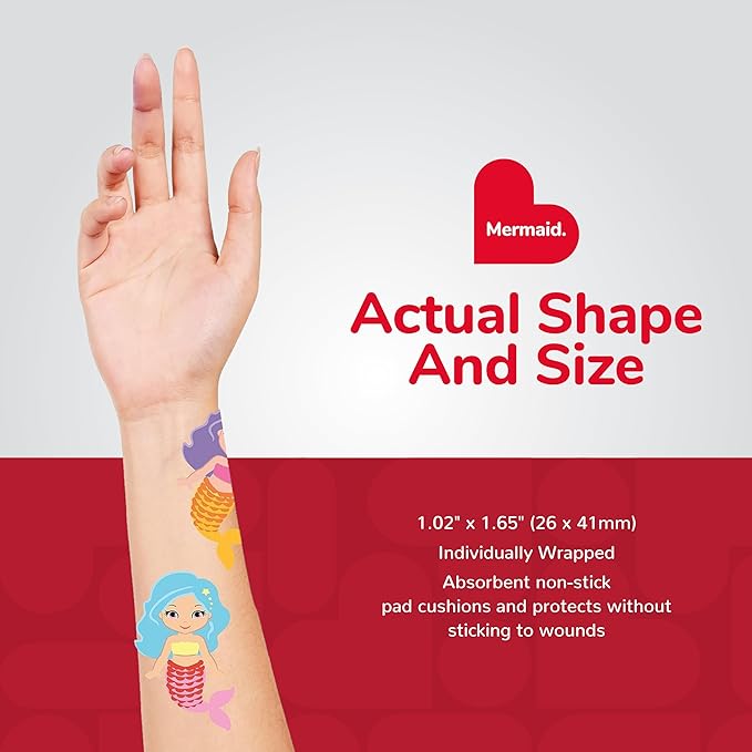 BioSwiss Kids Bandages, Mermaid Shaped Self Adhesive Bandage Set, Latex Free, Sterile Wound Care, 24 Count