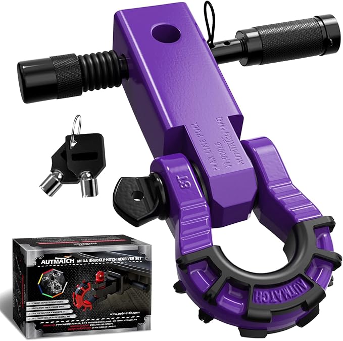AUTMATCH Shackle Hitch Receiver 2" with 3/4" Mega D Ring Shackle and 5/8" Trailer Hitch Lock Pin, 68,000 Lbs Break Strength Heavy Duty Receiver Towing Kit for Off-Road Vehicle Recovery, Purple