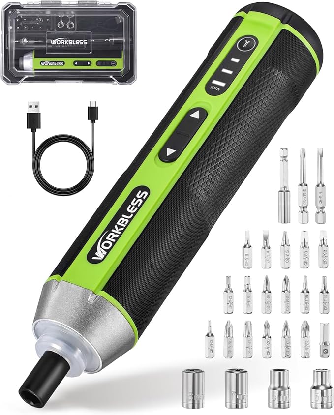 Electric Screwdriver Set, 3.7V Cordless Screwdriver with 3 Torque Settings, 300RPM & 5N.m Max Torque, LED Light, USB-C Charging Cable with 26Pcs Accessory Kit for Furniture, DIY