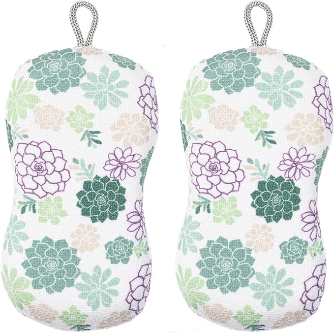 MÜkitchen Premium Microfiber Sponge Set for Dishes and Cleaning, 2 Pack, Printed (Succulents)