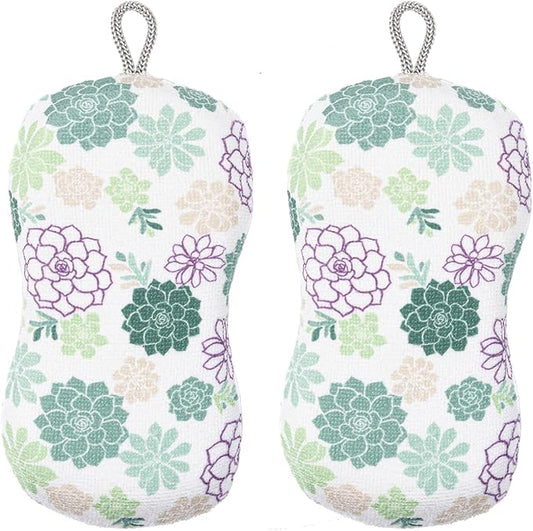 MÜkitchen Premium Microfiber Sponge Set for Dishes and Cleaning, 2 Pack, Printed (Succulents)