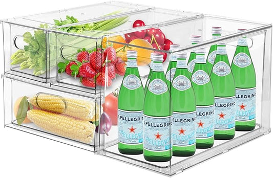 4 Pack Refrigerator Organizer Bins with Pull-out Drawer Stackable Clear Fridge Drawer Organizer Fruit Vegetable Storage Containers for Kitchen Pantry Organization (1 Large+1 Tall+2 Small)