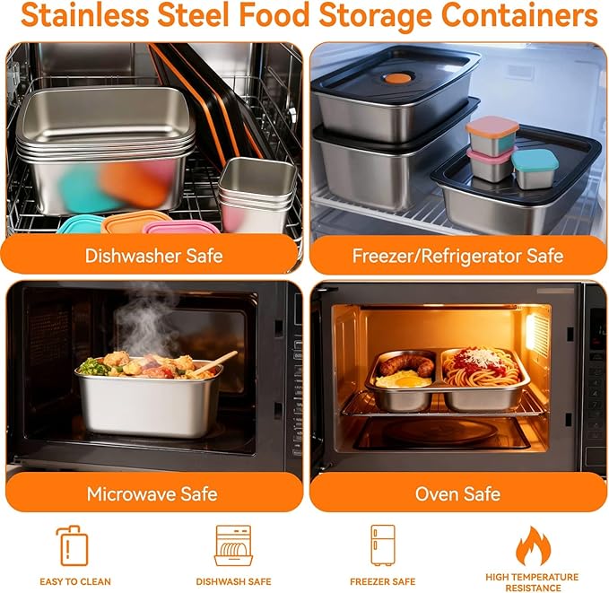 YUANYE 9 Pack 50/34/27/6oz Stainless Steel Food Storage Containers Sets, Leak-Proof Airtight Lunch Box with Lids, Small Snack Containers Oven/Dishwsher/Freezer Safe for Meal Prep, School, Work, Picnic