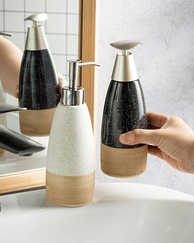 12oz Dish Soap Dispenser with Plastic Pump & Stainless Steel Pump for Hand Soap, Shampoo, Lotion, Conditioner, Ceramic Refillable Soap Bottle with Silicone Funnel for Bathroom, Kitchen, Speckled White