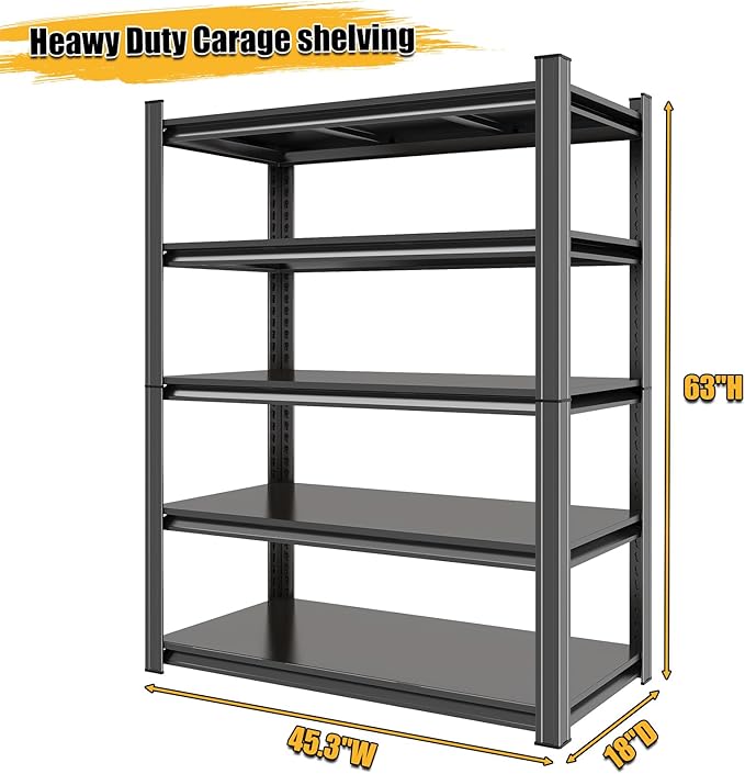 63" H Garage Shelves Heavy Duty Garage Shelving Units, 2500 LBS Capacity Industrial Shelving, Detachable and Adjustable 5-Tier Metal Storage Shelves for Warehouse, Basement, Pantry Closet, Black