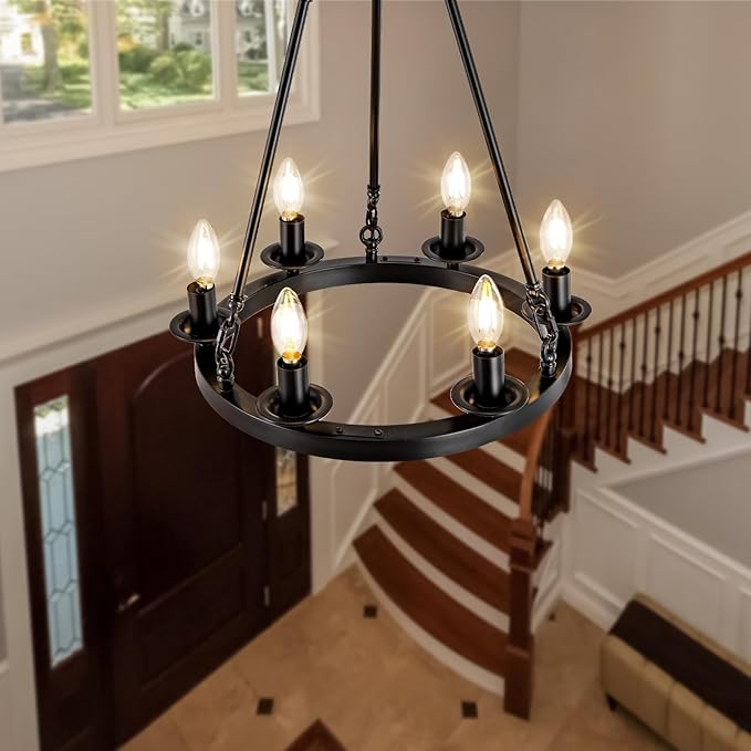 Wagon Wheel Chandelier, 6-Light Black Modern Rustic Farmhouse Chandelier Adjustable Height Pendant Kitchen Light for Ceiling Hanging Dining Room, Living Room, Entryways, Foyer