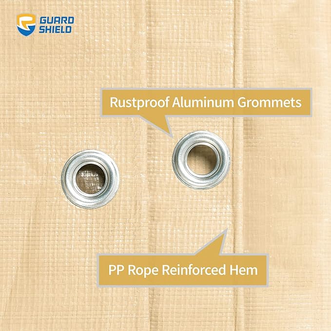 GUARD SHIELD Beige Tarp Heavy Duty Waterproof 12x20 Feet Outdoor Poly Tarps Cover Thick UV Resistant Canopy Tarpaulin with Grommets 10mil