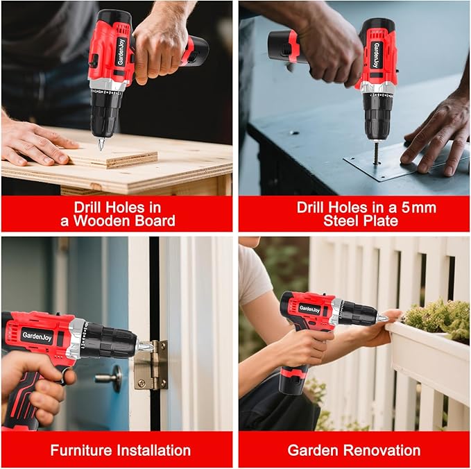 GardenJoy Cordless Power Drill Set: 12V Electric Drill with Battery and Charger, 34pcs Acessories, 3/8"Keyless Chuck, 2 Variable Speed, 24+1 Position, Compact Drill Driver Kit for Home & DIY Project