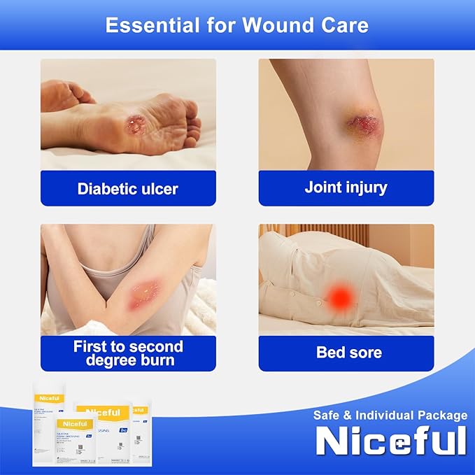 10 Count Silicone Foam Dressing 6" x 6" - Large Bandages for Wounds, Wound Dressing Waterproof Silicone Bandages for Bedsores, Diabetic Foot Ulcers, I-II Degree Burns