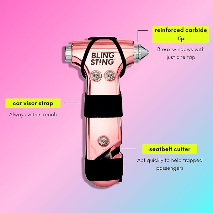 BLINGSTING Safety Hammer - Emergency Automotive Escape Tool with Window Breaker, Seat Belt Cutter & Adjustable Car Visor Strap - Tempered Glass Breaker - Steel Blade - Blush Rose Pink (1 Count)