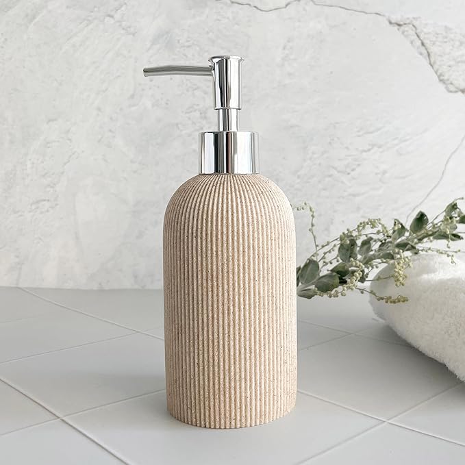 Lunestella Elegant Boho Beige Hand Soap Dispenser with Silver Pump, for Bathroom and Kitchen, Rust Proof, 7oz