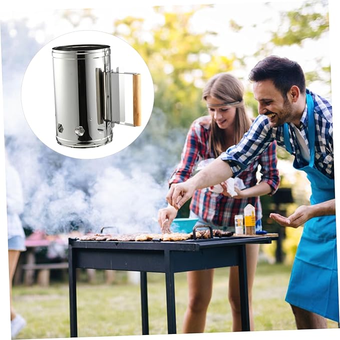 Outdoor Charcoal Chimney Starter Barrel with Heat-Resistant Wooden Handle BBQ Fire Starter for Quick Ignition Suitable for Grilling Camping Tailgate and Outdoor Cooking