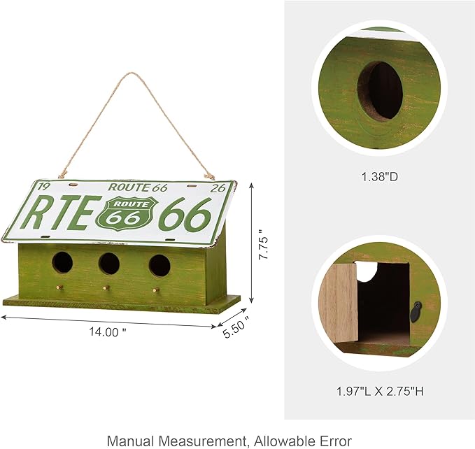 Glitzhome 14”L Wood Hanging Birdhouse for Outdoors, Licence Plate Route 66 Welcome Painted Bird House, Rustic Bird House for Bluebird Wren Sparrow, Bird Nest Box for Garden Patio, Washed Green