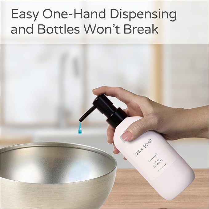 Plastic Soap Dispenser Set - PET Plastic Dish Soap Dispenser for Kitchen, Hand Soap Lotion Bottles with Pump Dispenser for Bathroom, Includes 8 Waterproof Labels, 16 oz, Black Silicone Tray