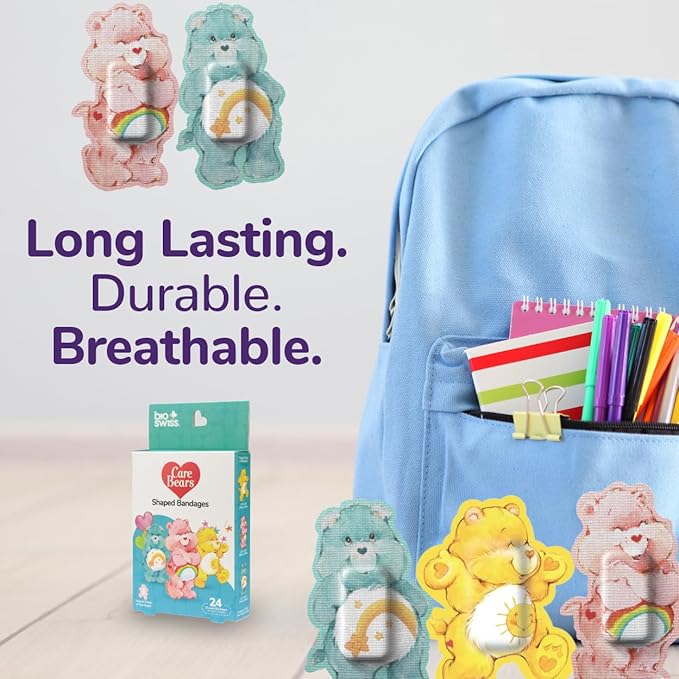 BioSwiss Care Bears Kids Bandages, Classic Care Bear Shaped Self Adhesive Bandage Set, Latex Free, Sterile Wound Care, 24 Count